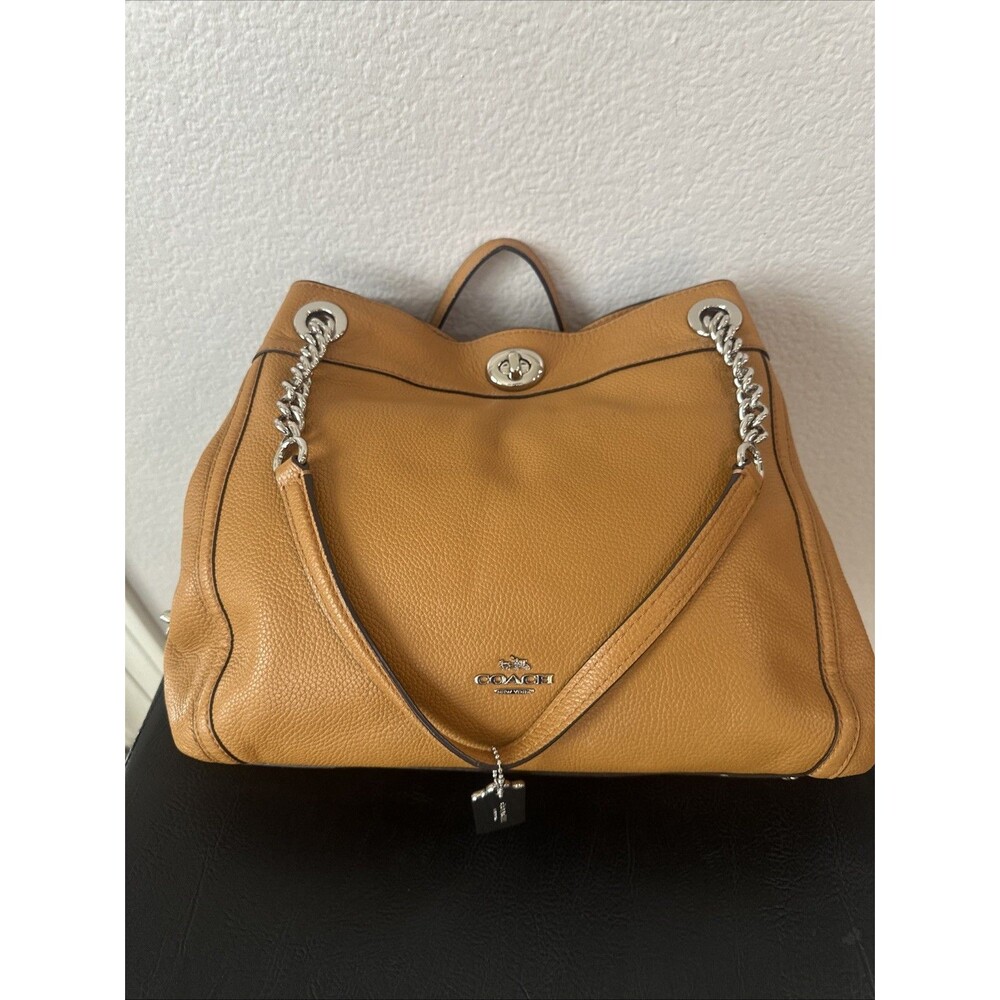 Coach Pebbled Leather Chain Shoulder Tote - Tan Coagnac Turnlock Silver Hardware